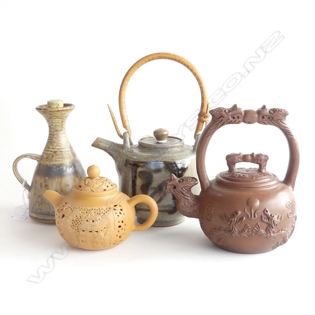 4 PCES POTTERY; 3 TEAPOTS + SMALL VESSEL (REPAIRED) H.170mm Image 1++