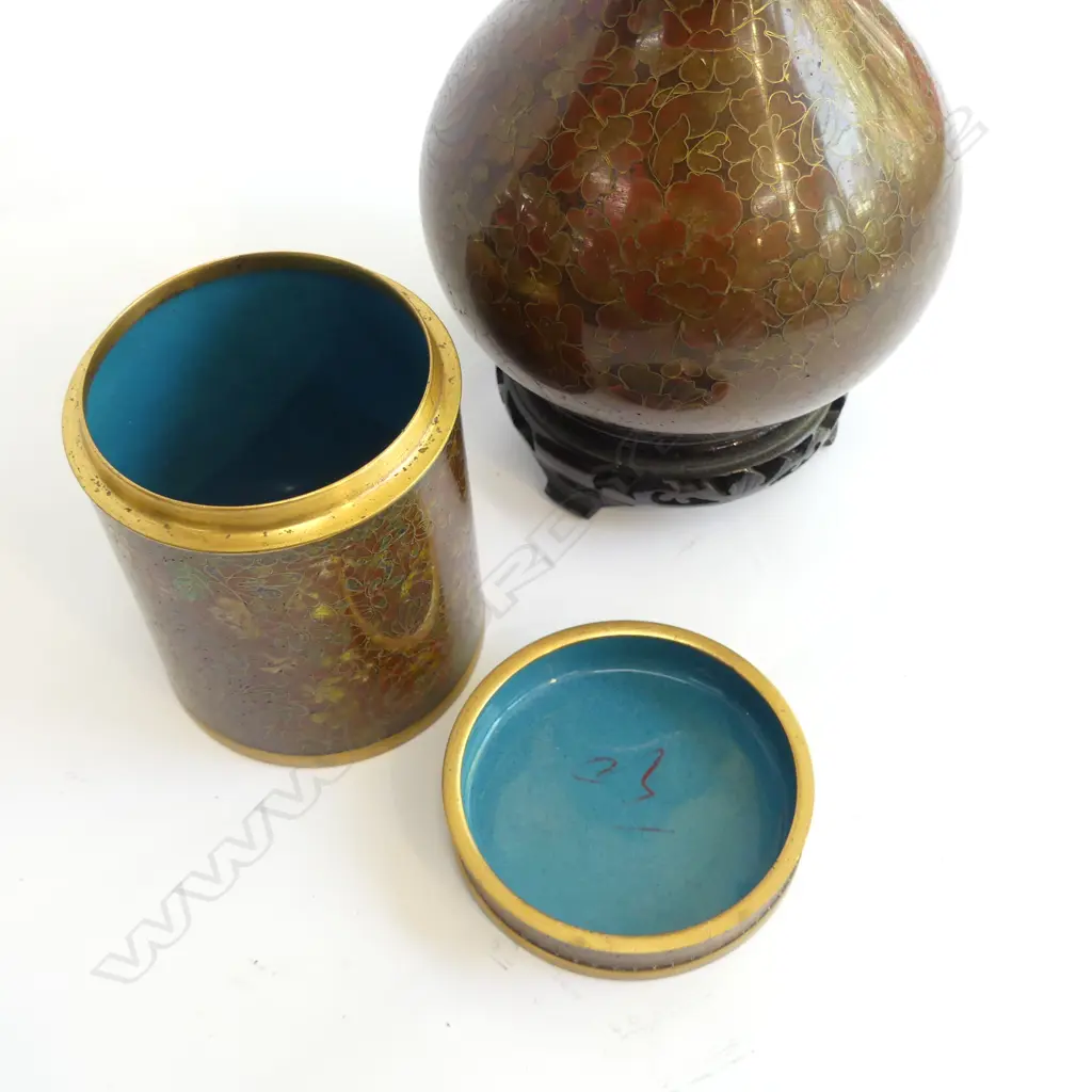 CLOISONNE VASE ON STAND H.210mm & LIDDED CONTAINER H.105mm Image 1++