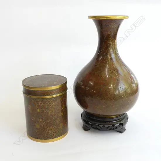 CLOISONNE VASE ON STAND H.210mm & LIDDED CONTAINER H.105mm