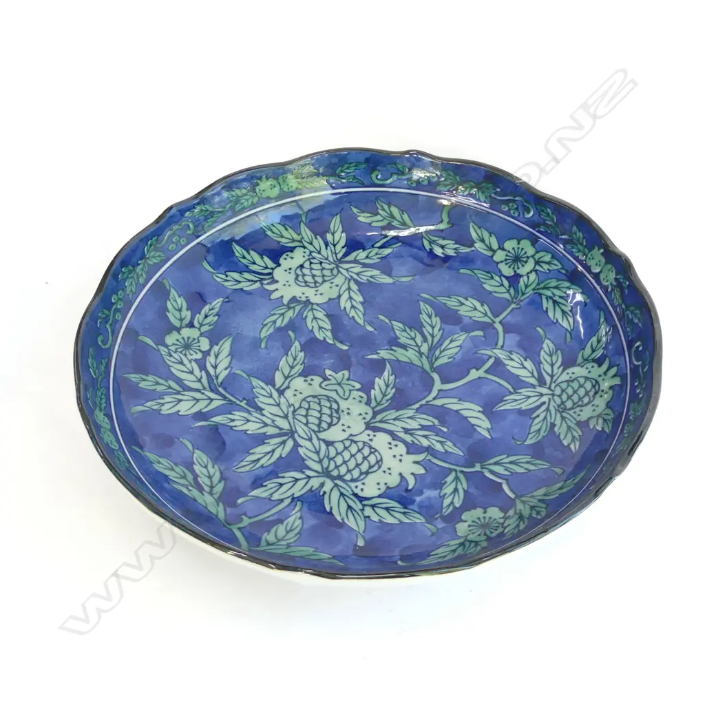 ORIENTAL PLATE; BLUE GROUND w. GREEN FLORALS 260mm dia Image 1++