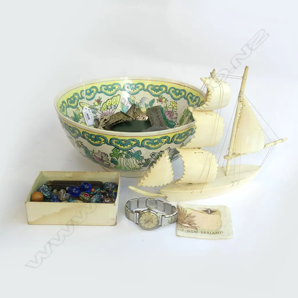 IVORY BOAT & CHINESE BOWL 260mm dia + ASST. COINS & COSTUME JEWELLERY Image 1++