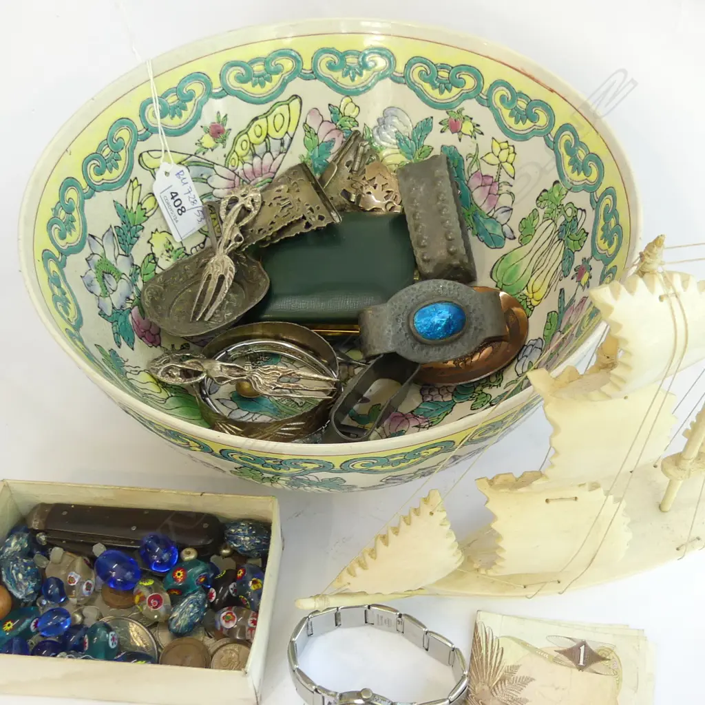 IVORY BOAT & CHINESE BOWL 260mm dia + ASST. COINS & COSTUME JEWELLERY Image 1++