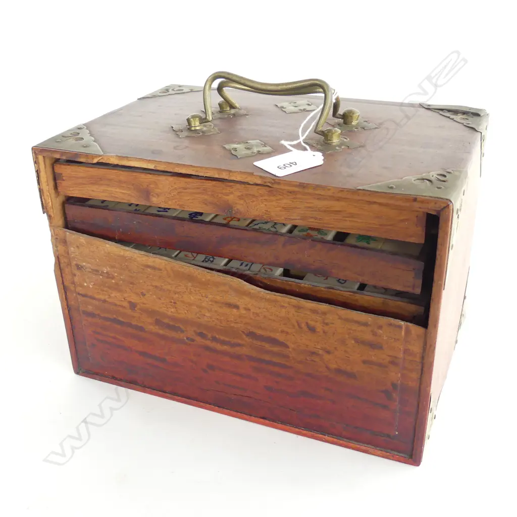 VINTAGE 5-DRAWER WOODEN BOX WITH MAHJONG TILES & STICKS. - DAMAGE TO BACK OF BOX  Image 1++