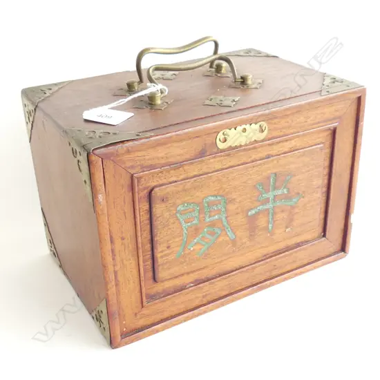 VINTAGE 5-DRAWER WOODEN BOX WITH MAHJONG TILES & STICKS. - DAMAGE TO BACK OF BOX 