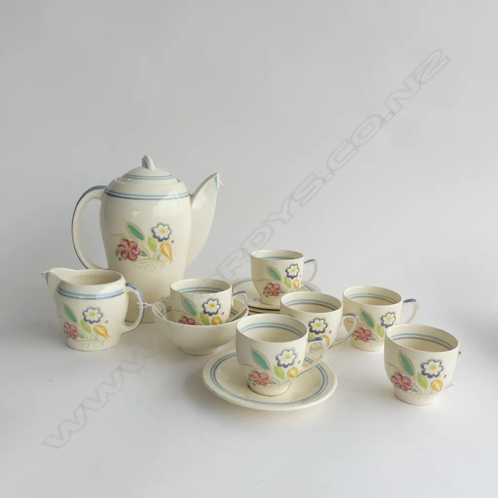 SUSIE COOPER 'NOSEGAY' DEMITASSE COFFEE SET; KESTREL SHAPE COFFEE POT, 6 C&S'S SUGAR BOWL & JUG, 1 CUP HANDLE IS A/F Image 1++
