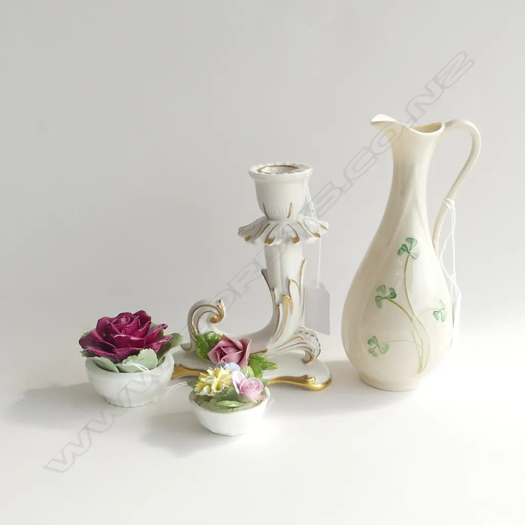 2 ROYAL DOULTON PORCELAIN FLOWERS, DRESDEN PORCELAIN ROSE CANDLE HOLDER (H 150MM) & BELLEEK SHAMROCK JUG (H185MM) Image 1++