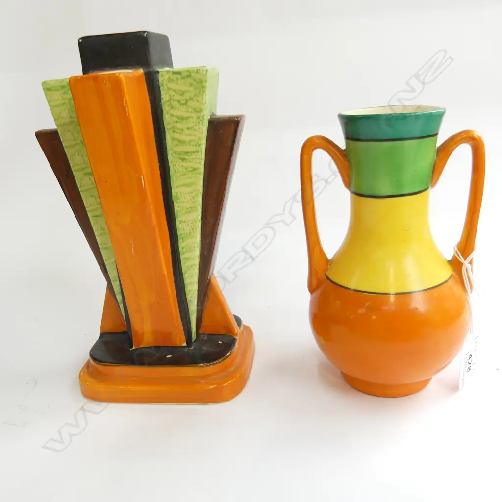 2 BRIGHTLY PAINTED DECO VASES H.220mm (urn w. repairs) Image 1++