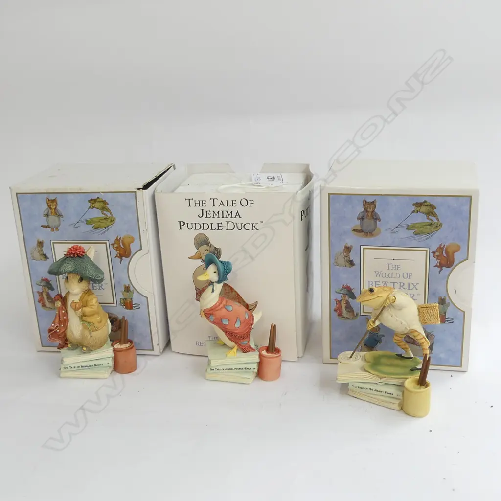 3 BEATRIX POTTER FIGURINES; JEMIMA PUDDLE-DUCK, BENJAMIN BUNNY & MR JEREMY FISHER - ALL IN ORIGINAL BOXES Image 1++