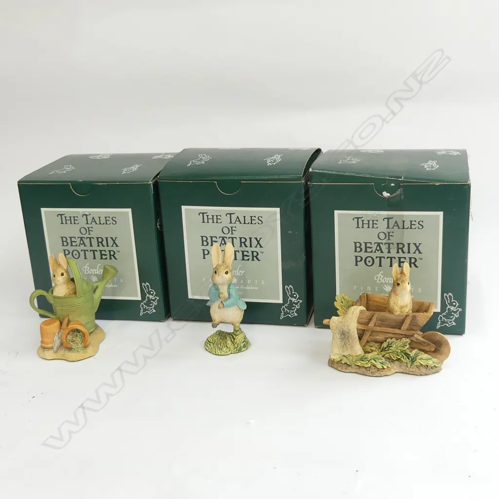 3 BEATRIX POTTER FIGURINES; PETER RABBIT W WATERING CAN / WHEELBARROW & 1 OTHER - ALL IN ORIGINAL BOXES Image 1++