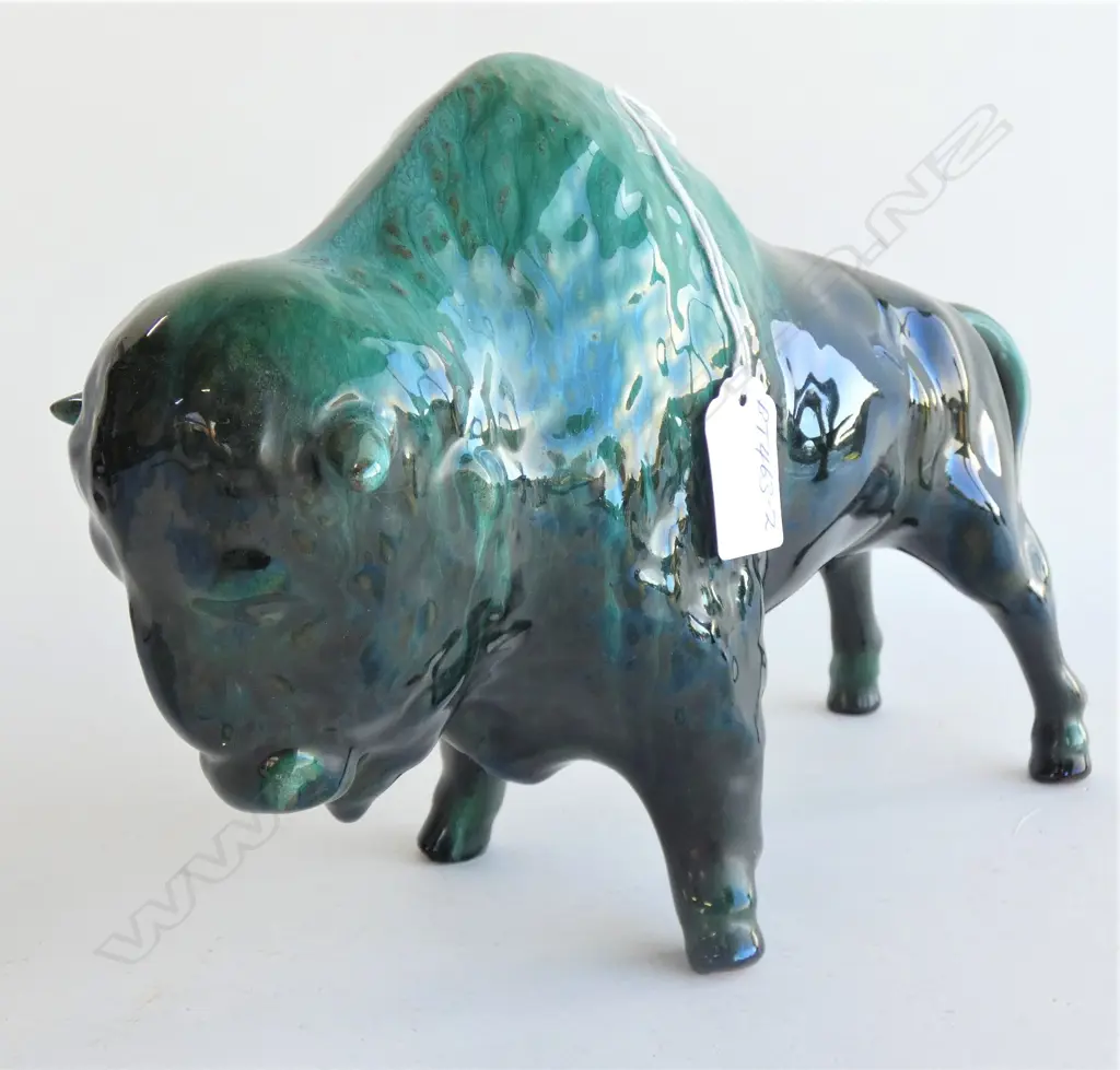BLUE MOUNTAIN BUFFALO SCULPTURE L.280mm green streaky over dark glaze Image 1++