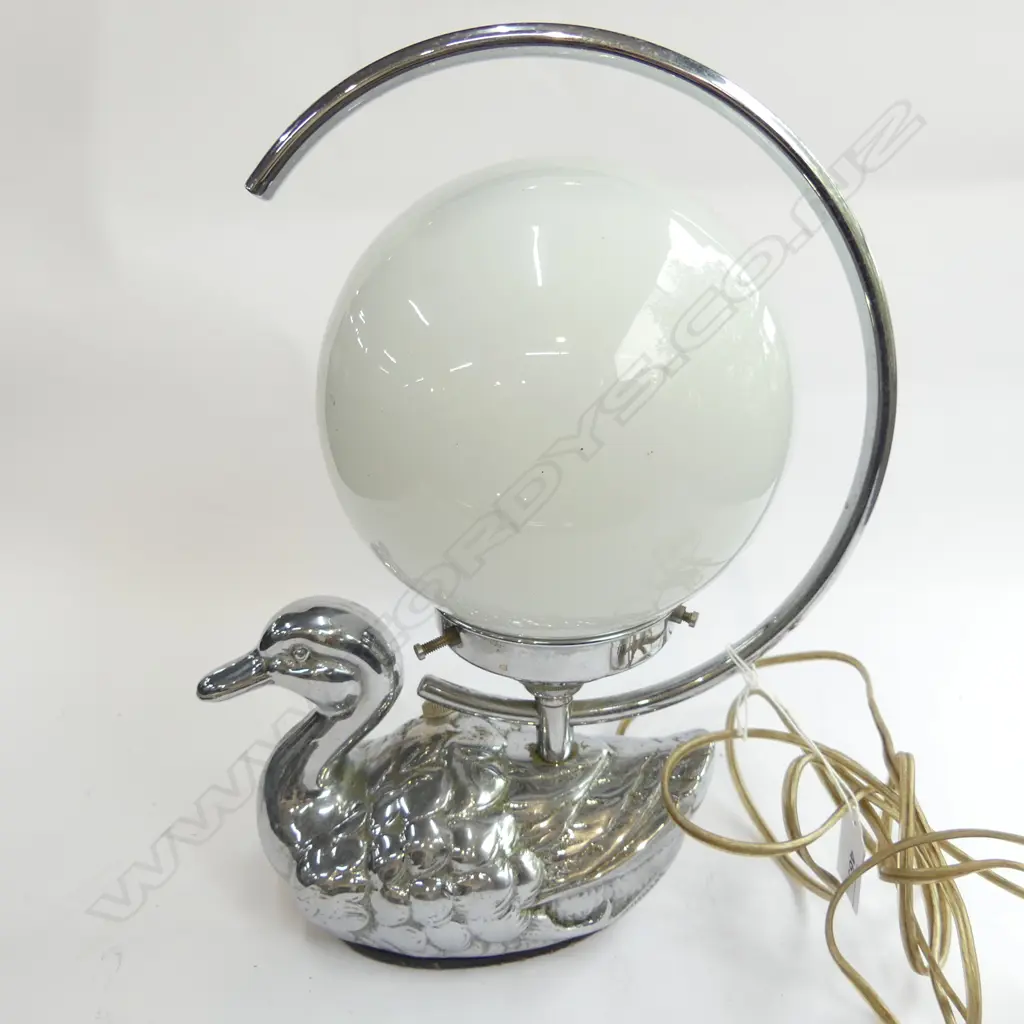 ART DECO TABLE LAMP, HEAVY SILVER METAL SWAN BASE WITH WHITE BALL LAMP H. 330MM Image 1++
