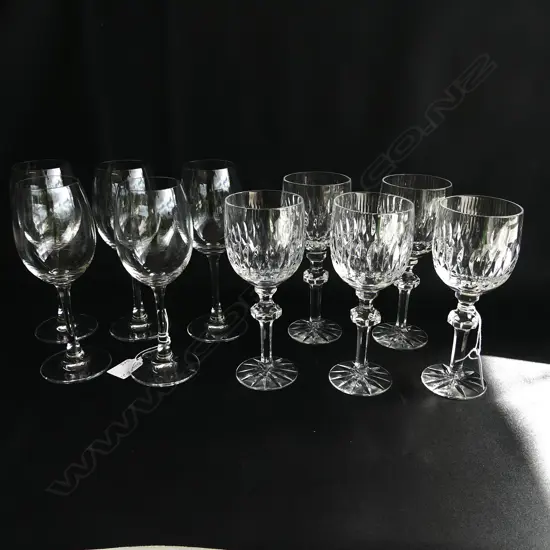 10 CRYSTAL WINE GLASSES; 5 PLAIN (UNKNOWN STAMP TO BASE) (H 185MM) & 5 CUT CRYSTAL (H 175MM) (2 A/F)