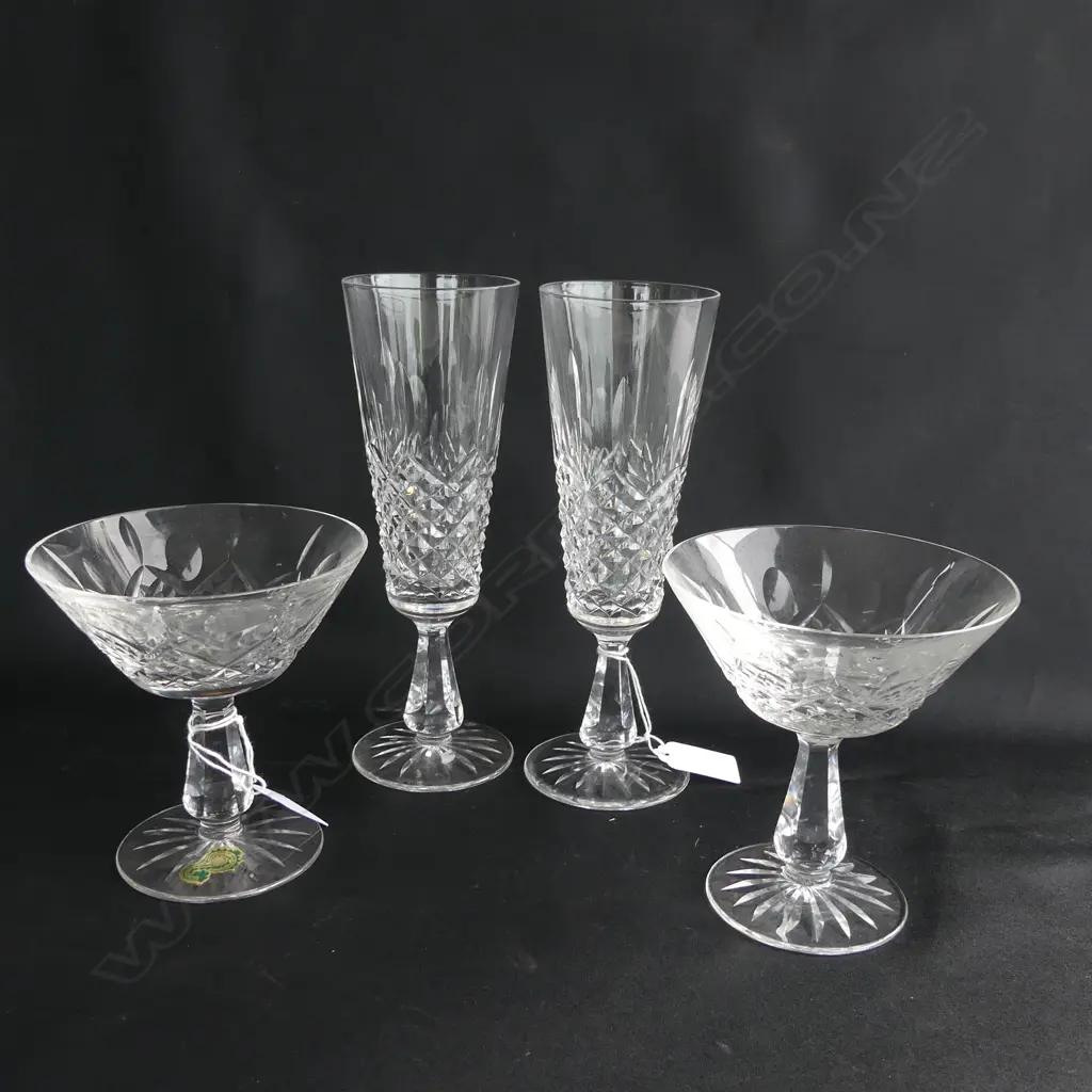 WATERFORD CRYSTAL CHAMPAGNE GLASSES; 2 FLUTES & 2 SAUCERS  (NIBBLES TO TOP RIM ONE SAUCER) Image 1++