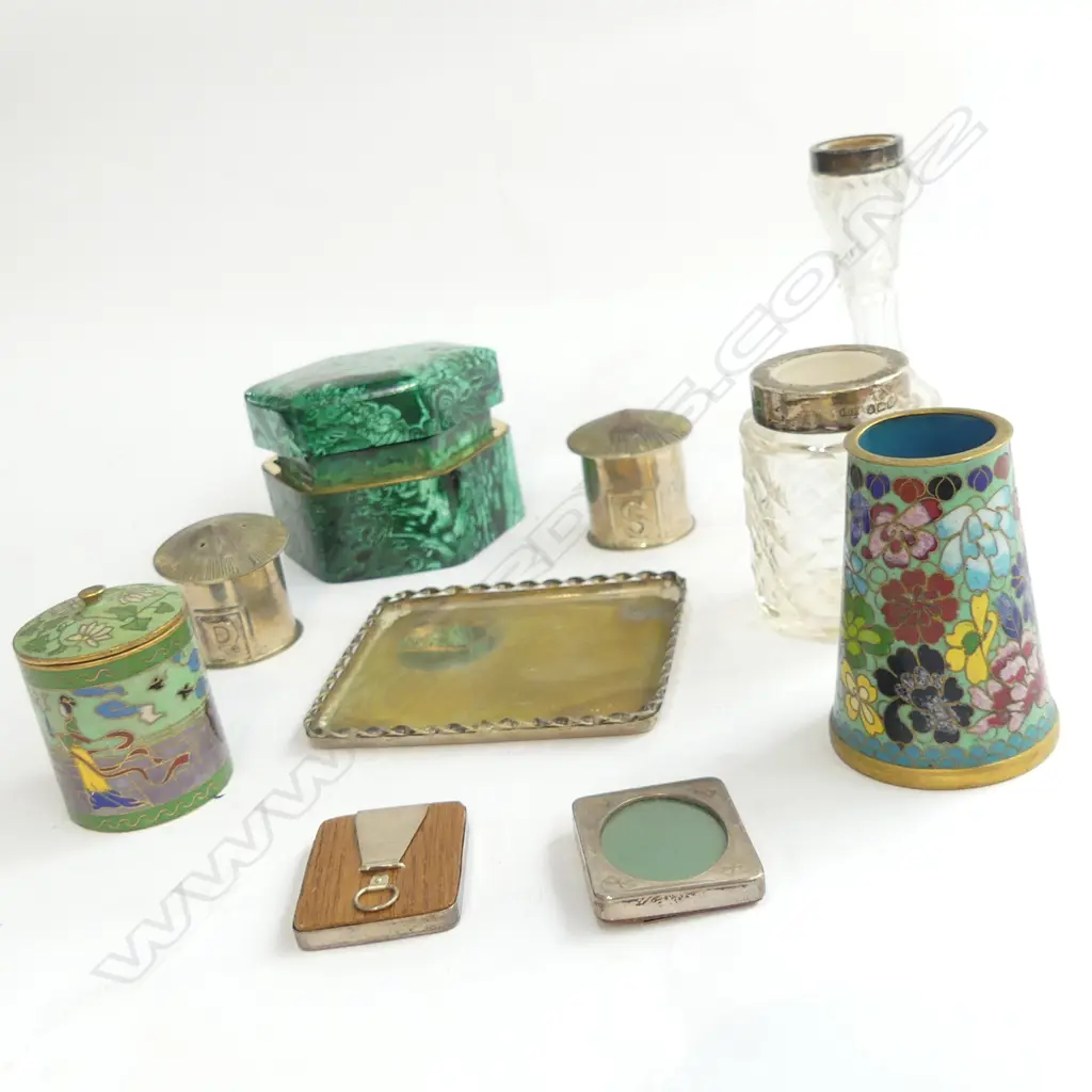 10 ASST. PCES; 2 SILVER BOTTLES, SALT & PEPPER + TRAY, 2x CLOISONNE CONTAINERS, 2 MINI STG FRAMES, LIDDED CONTAINER Image 1++