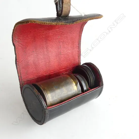 ANTIQUE LEATHER CASED SCIENTIFIC SMALL SLIDE TUBE W LENS