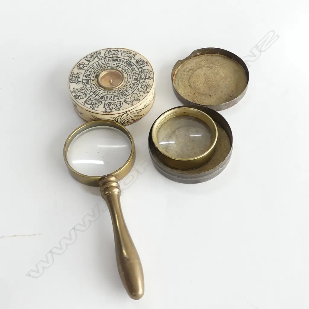 BONE CARVED ZODIAC COMPASS + BRASS MAGNIFYING GLASS + LENS Image 1++