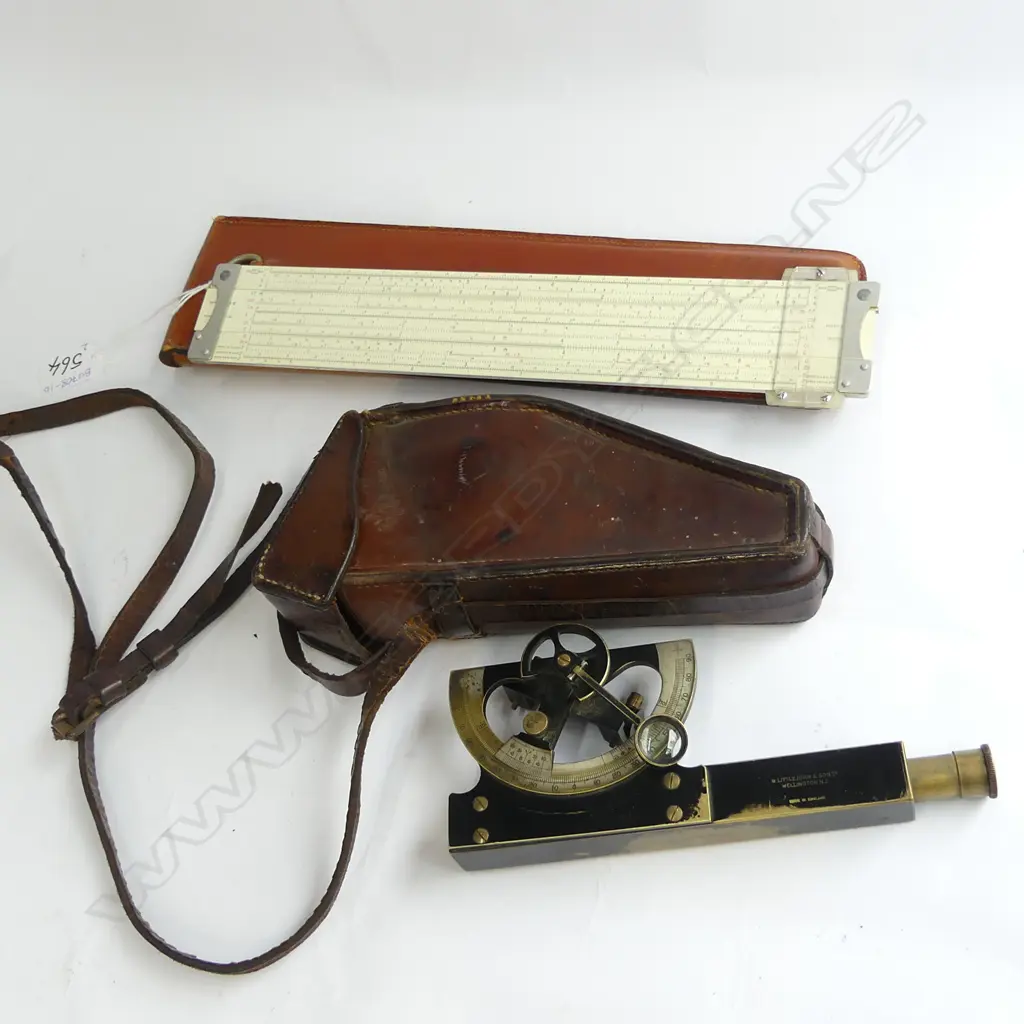 VINTAGE DUMPY LEVEL IN LEATHER POUCH (L 200MM) + LEATHER CASED SLIDE RULE Image 1++
