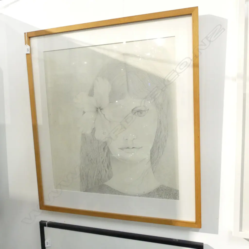 ARTIST UNKNOWN 'GIRL w. HIBISCUS' GRAPHITE ON PAPER' 585x535mm Image 1++
