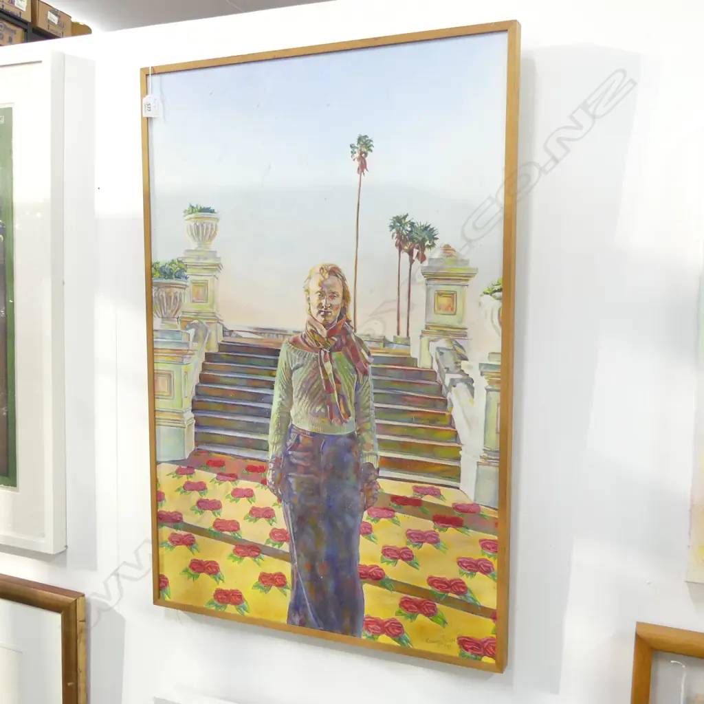 RAEWYN TURNER 'UNTITLED (WOMAN IN A LANDSCAPE) OIL ON CANVAS SIGNED & DATED '77 895x590mm impact mark Image 1++