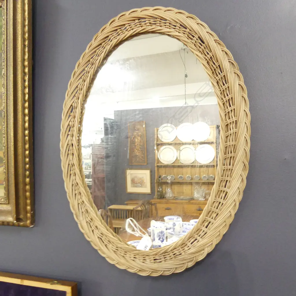 OLD OVAL CANE FRAMED WALL MIRROR 440 X 580MM Image 1++