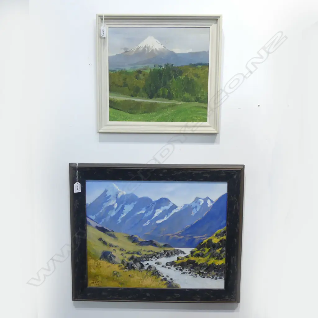 2 OILS; DAPHNE FEARY 'MT COOK' 395x500 + RON TIZARD 'MT EGMONT' 1953 320x345mm Image 1++