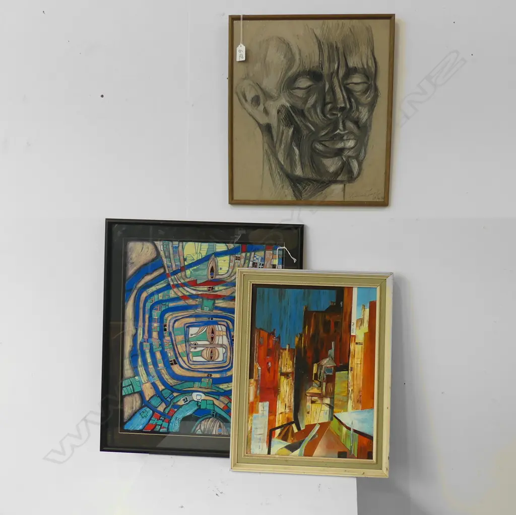 3 ARTWORKS; ABSTRACT OIL, LOUISE TAYLOR PENCIL HEAD, HUNDERTWASSER PRINT 380x465mm Image 1++