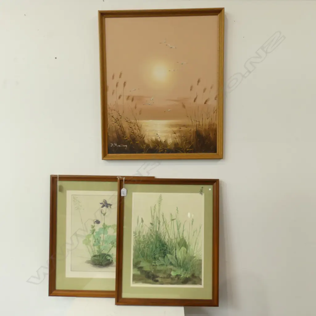 3 ARTWORKS; 2x ALBRECHT DURER PRINTS OF GRASSES 425x330mm + SIGNED SUNSET ACRYLIC  Image 1++