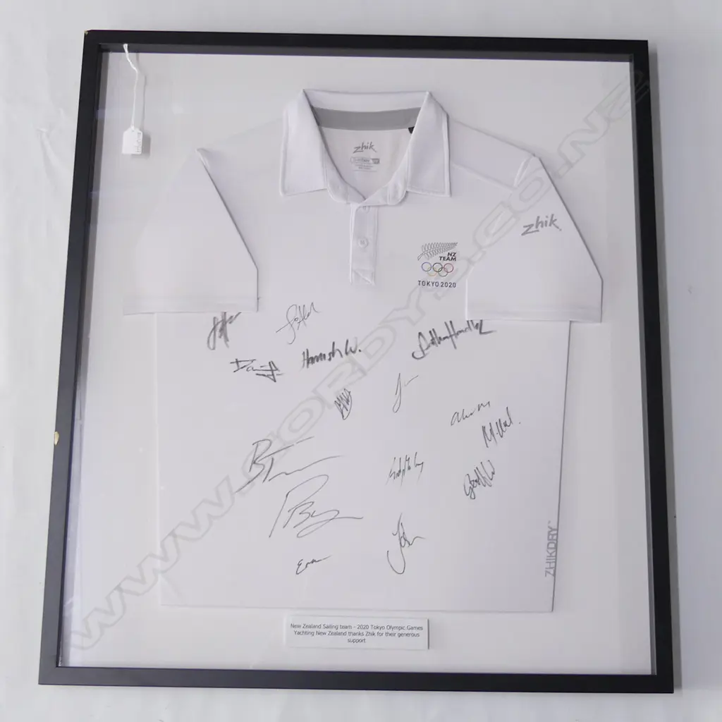 FRAMED SIGNED T-SHIRT; NZ SAILING TEAM 2020 TOKYO OLYMPICS 780x695mm Image 1++