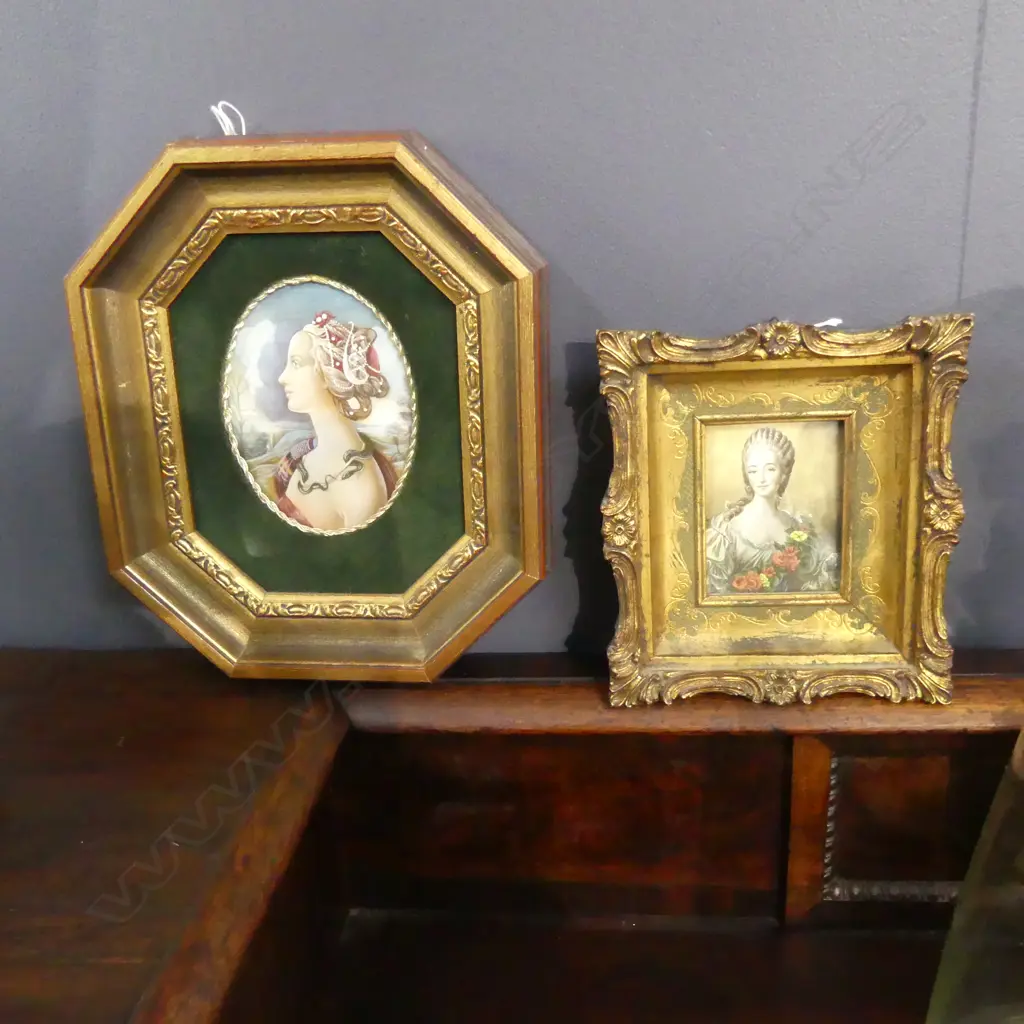 2 HAND PAINTED PORTRAITS; GILT FRAMES 85x60mm Image 1++