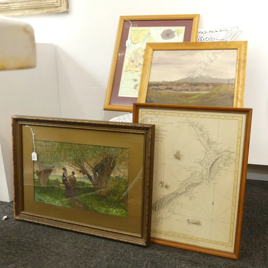4 ARTWORKS; COLONIAL OIL MT TARANAKI 280x390, S.BERKLEY W/C COUPLE UNDER TREES, 2 NZ MAP PRINTS Image 1++
