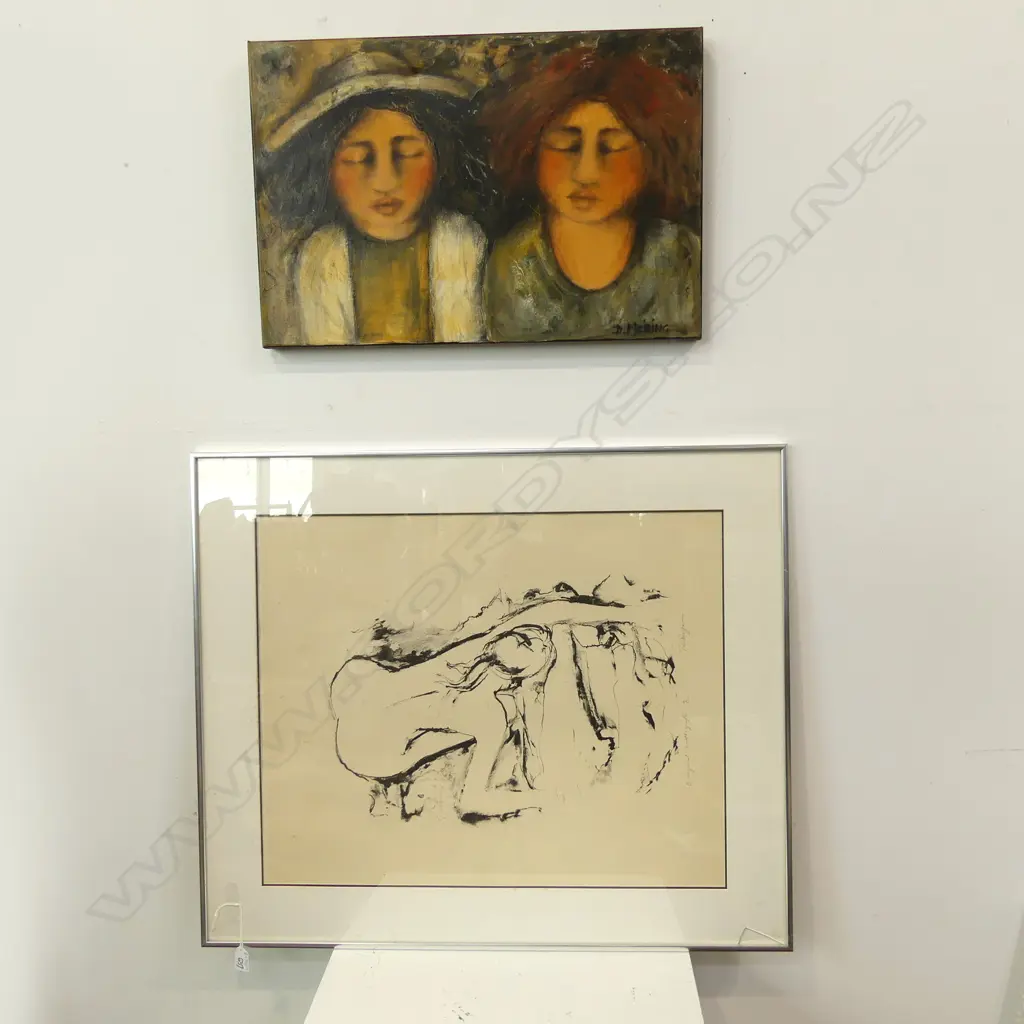 2 ARTWORKS; D. MEIRING 'UNTITLED (2 WOMEN) OIL 400x600mm, SIGNED NUDED PRINT 9/12 650x525mm glass broken Image 1++