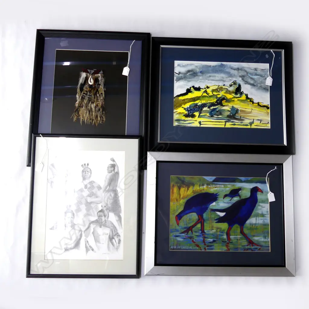 4 ARTWORKS; DAVID GILL W/C 'LITTLETON HILLS', ROB MCGREGOR PUKEKO PASTEL, FRAMED FEATHER PIUPIU, D. P. FERRIS 'TOA ROPU' Image 1++