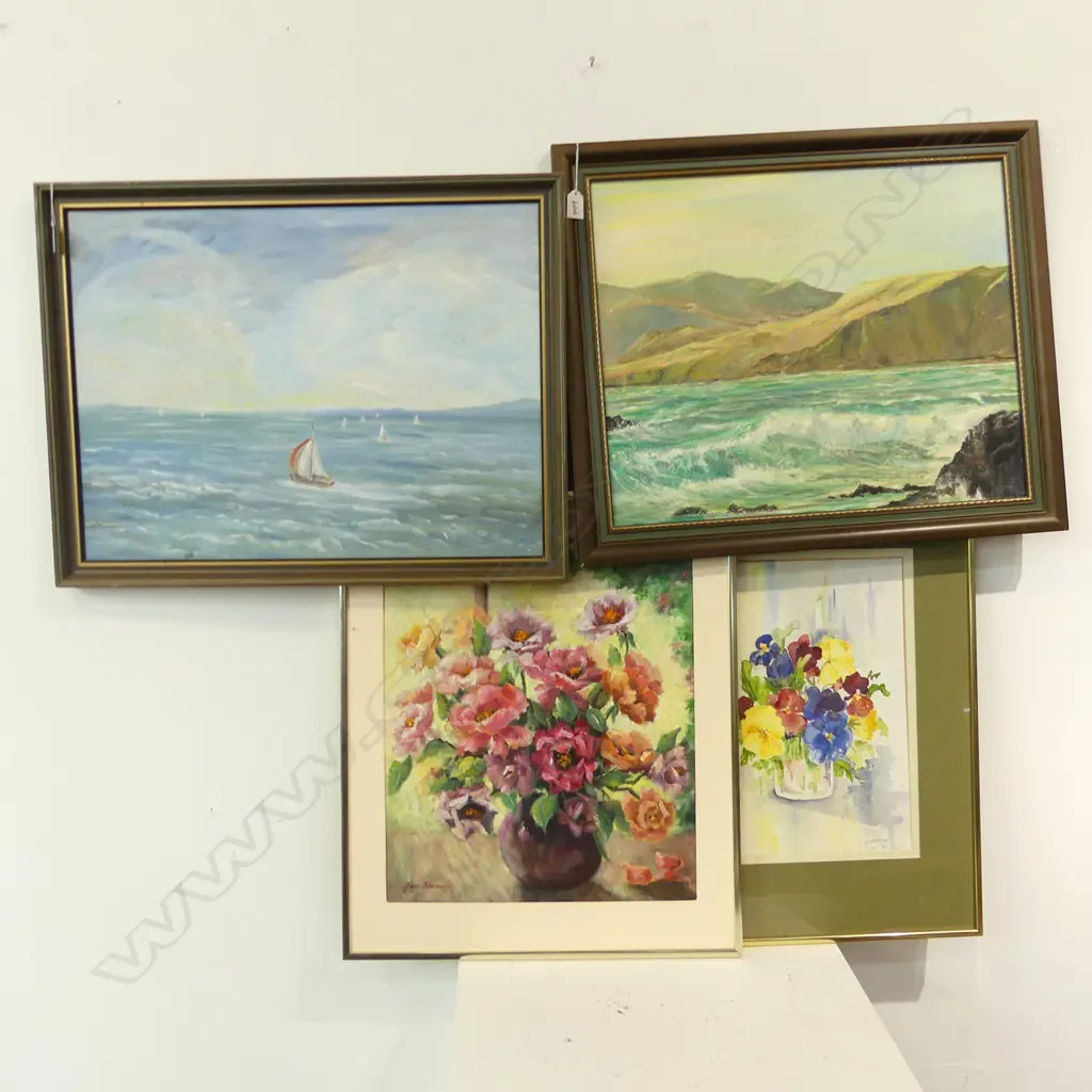 2 SEASCAPE OILS + 2 FLORAL STILL LIFES; N. NOON '91 & JEAN BRENNAN 475x405mm Image 1++