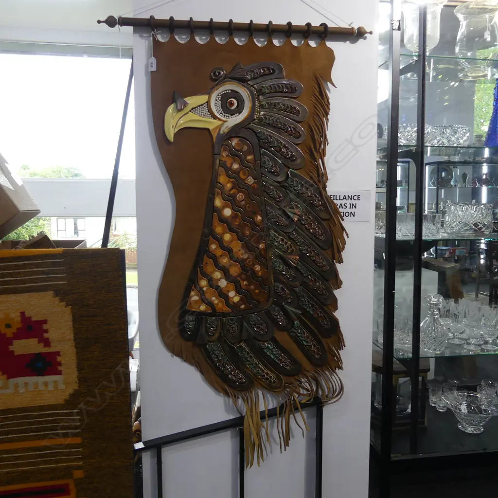 BRUCE PAPAS 'BRONZE EAGLE - MEXICO' TILE ON LEATHER ARTWORK 1100x550mm Image 1++
