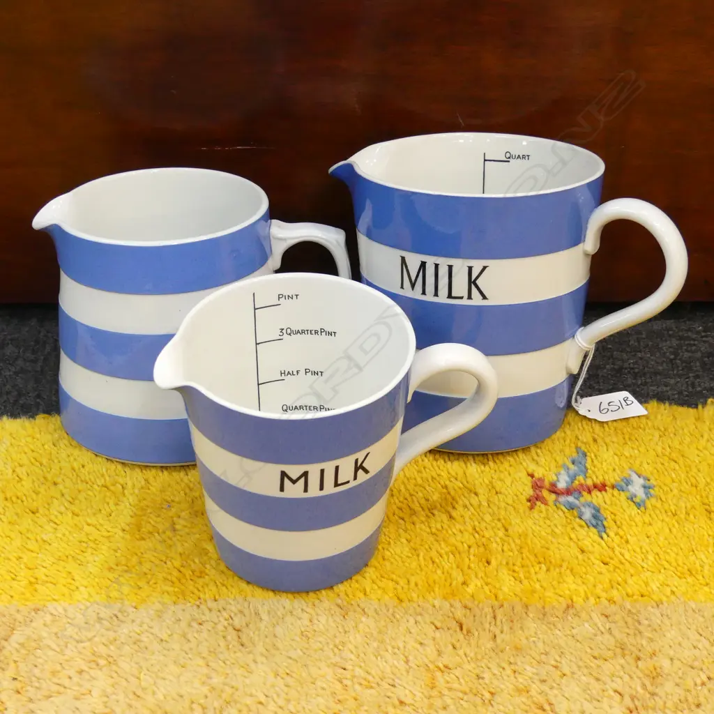 T G GREEN CORNISHWARE JUGS; 2 GRADUATED MILK MEASURING JUGS (QUART & PINT)  & 1 OTHER  Image 1++