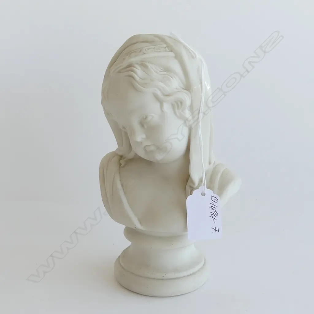 ANTIQUE PARIAN BUST CRYING GIRL W HEAD SCARF SOCLE BASE H.180mm Image 1++