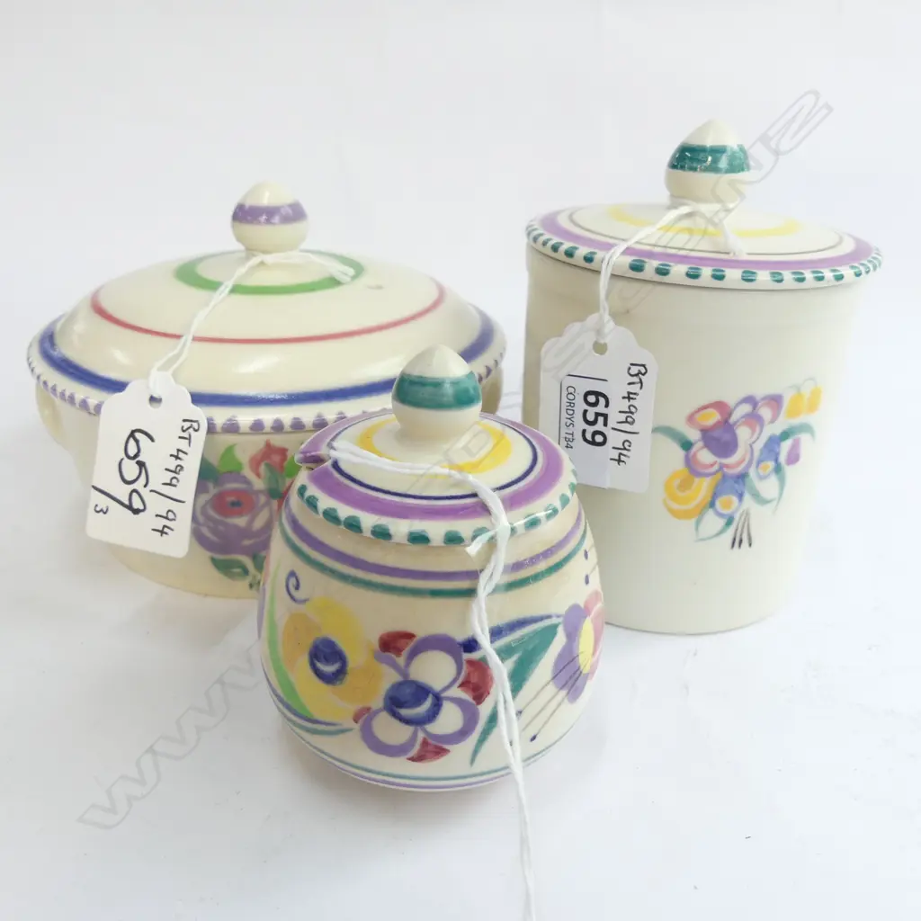3 POOLE HAND COLOURED LIDDED JARS, VARIOUS SIZES  Image 1++