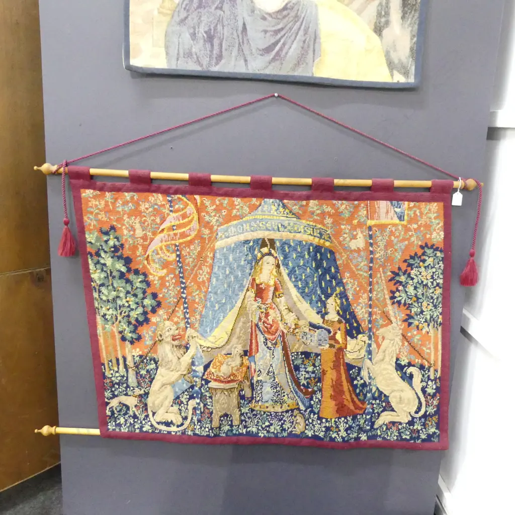 NEEDLEWORK TAPESTRY; LADIES w. LION & UNICORN Image 1++