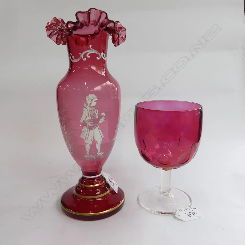MARY GREGORY CRANBERRY GLASS VASE & CRANBERRY GLASS GOBLET Image 1++