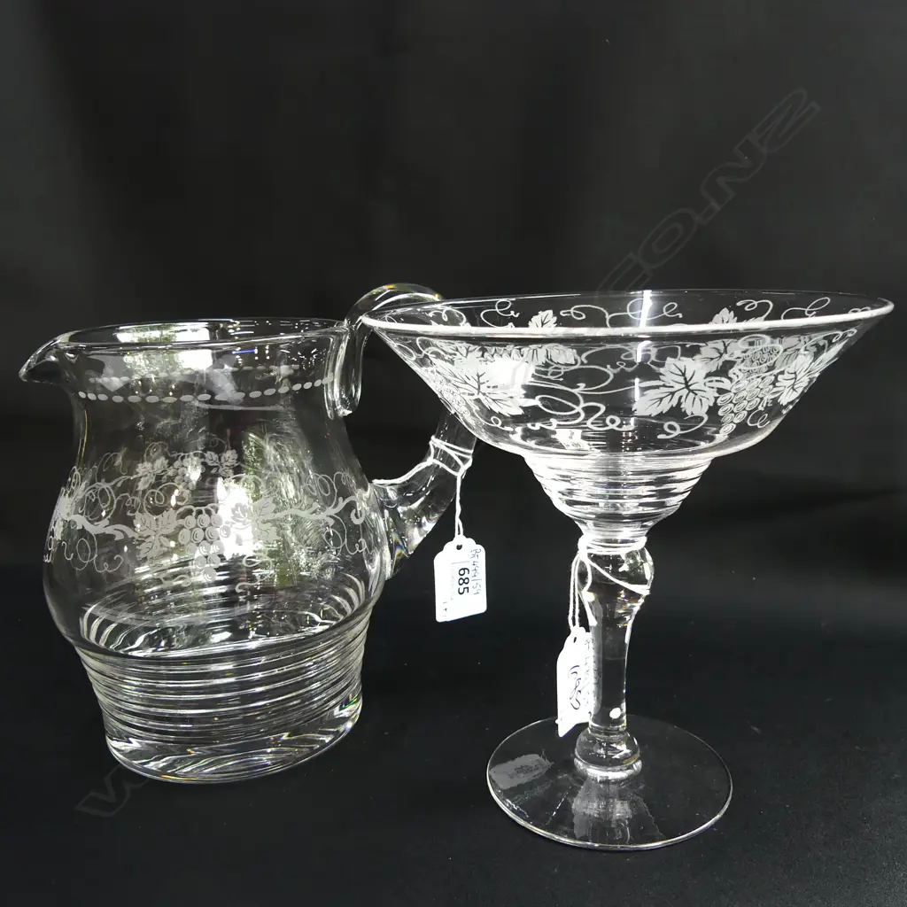 STUART CRYSTAL JUG & COMPORT ETCHED GRAPEVINE PATTERN 170mm Image 1++