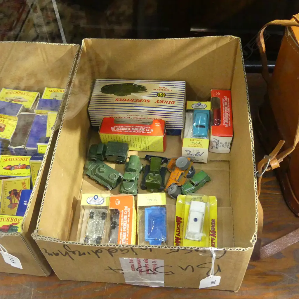 SM BOX ASST VINTAGE MODEL CARS INCL.DINKY SUPERTOYS CENTURION TANK IN BOX ...SOME LOOSE SOME BOXED Image 1++
