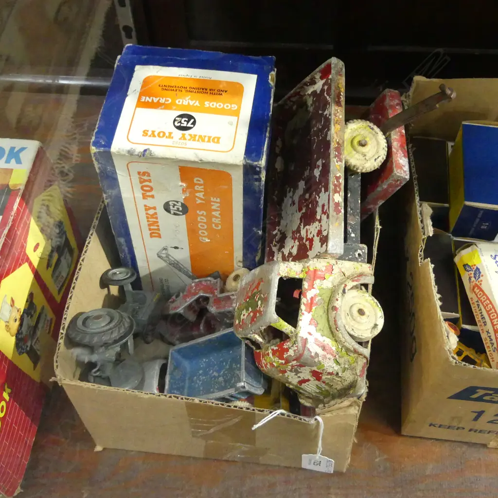 BOX OLD DIE CAST TRUCKS ETC..POSSIBLY FUN HO + BOXED DINKY TOY GOODS YARD CRANE Image 1++