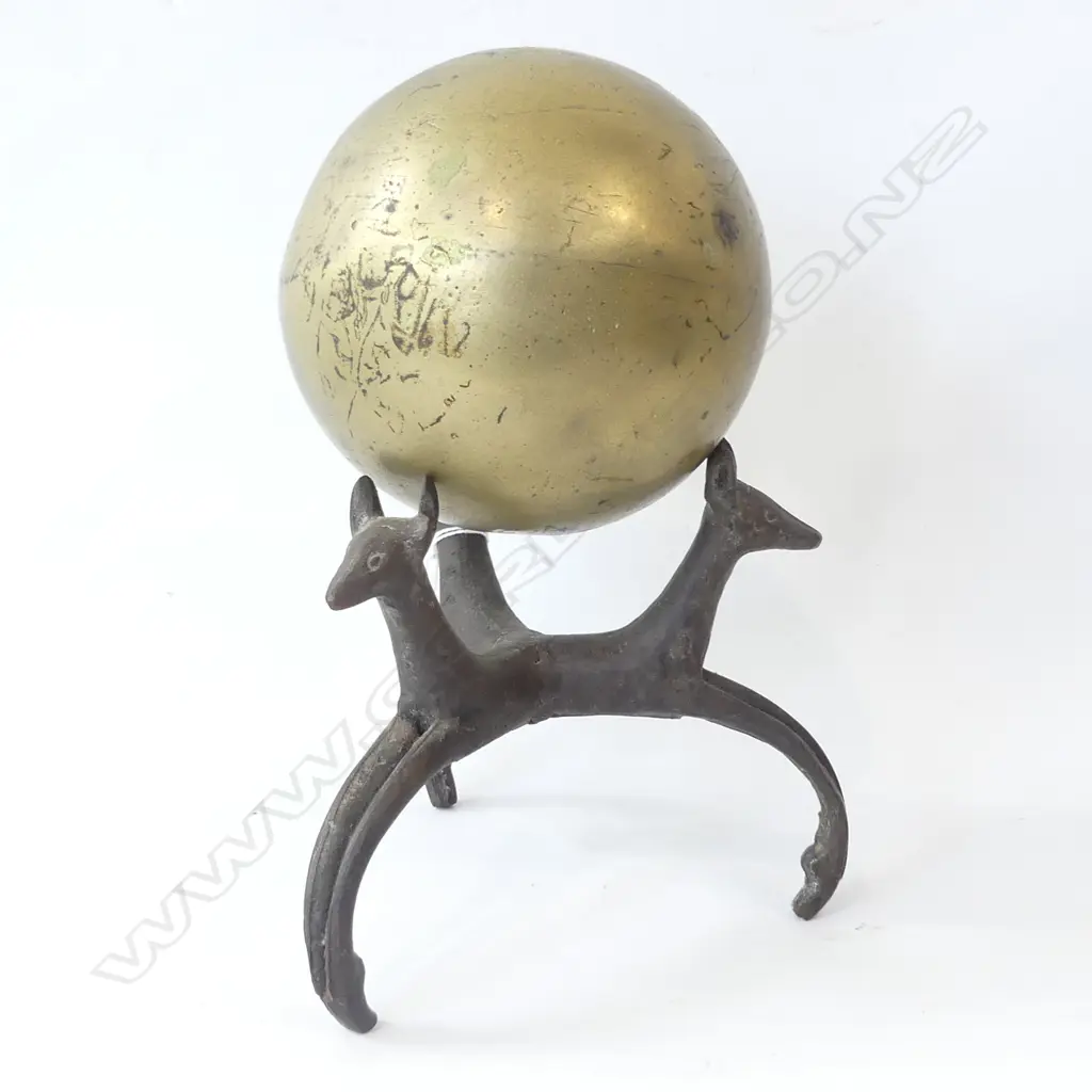 METAL SCULPTURE w. BRASS BALL & DOG TRIPOD BASE H.300mm Image 1++
