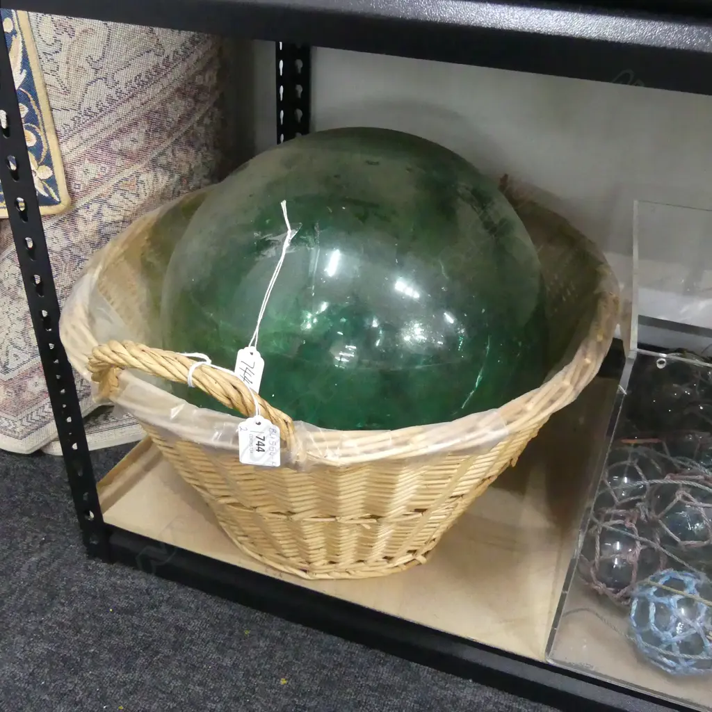 LARGE GLASS VINTAGE FISHING FLOAT, NO NETTING DIA APPROX 350MM + OLD CANE WASHING BASKET, 1 HANDLE A/F Image 1++
