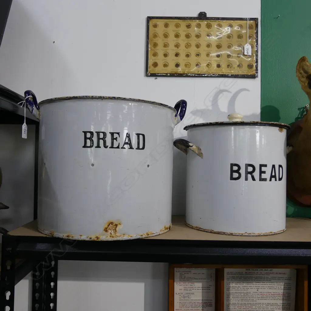 2 VINTAGE ENAMEL BREAD BINS (1 LIDDED) H.300mm Image 1++