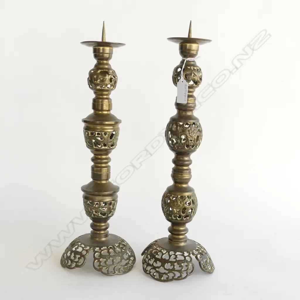 TWO BRASS PRICKET CANDLESTICKS H.380mm and 400mm Image 1++
