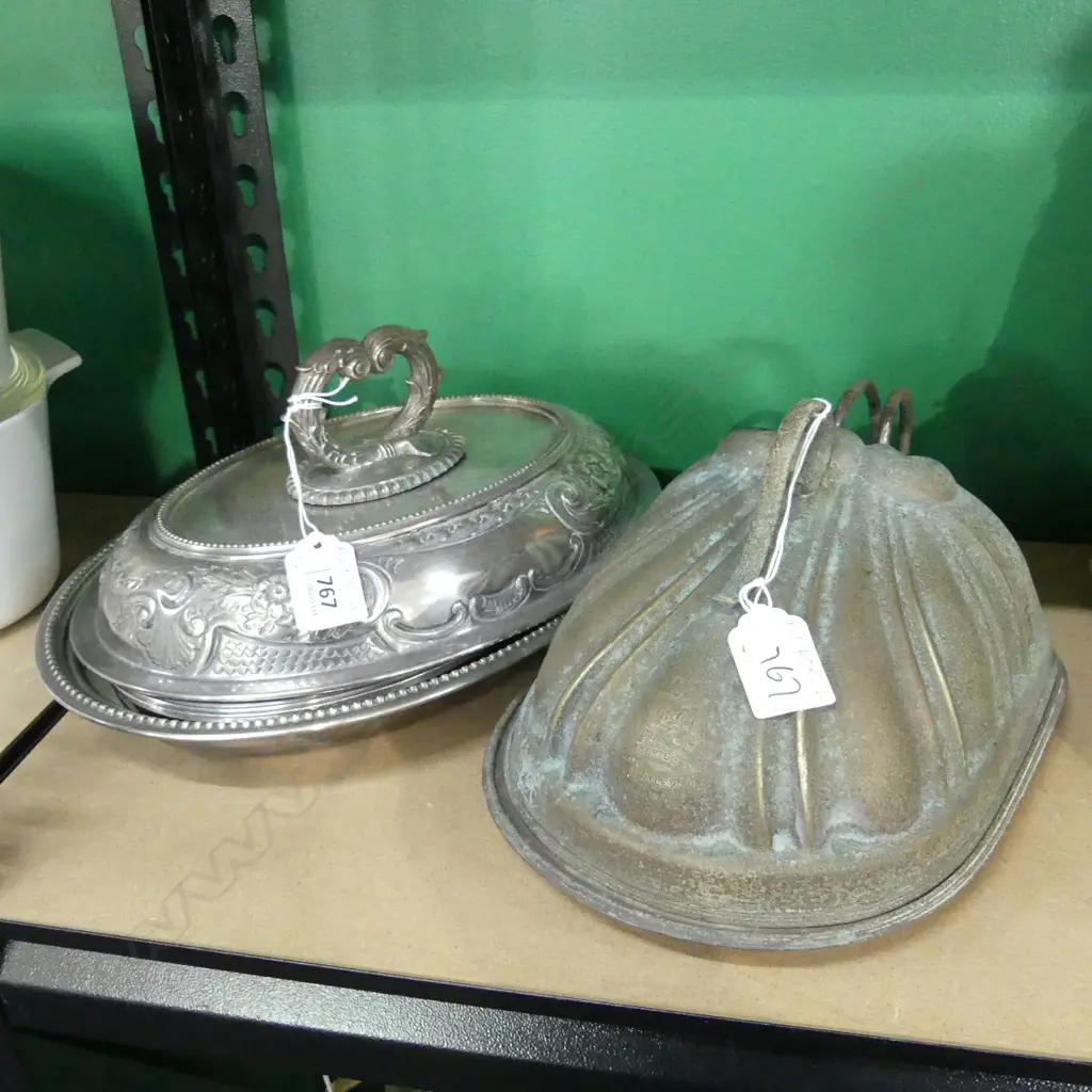 SILVER PLATE SERVING DISH - 2 BASES & 1 LID + OLD CHEESE DISH; GLASS INSERT BASE & METAL LID WITH GREEN PATINA Image 1++