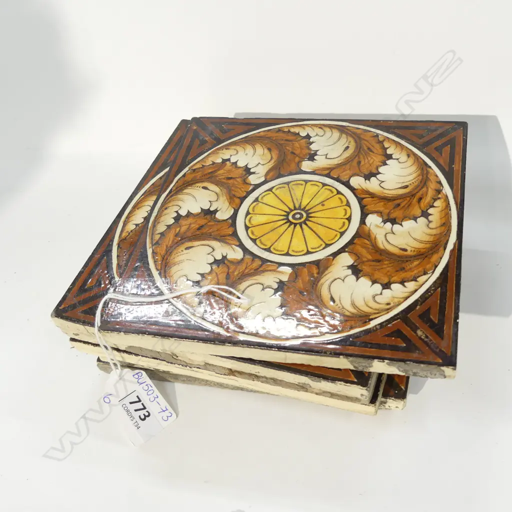 SET 6 ANTIQUE HAND PAINTED TRANSFER TILES BY CRAVEN DUNHILL & CO SHROPSHIRE W. 155MM Image 1++