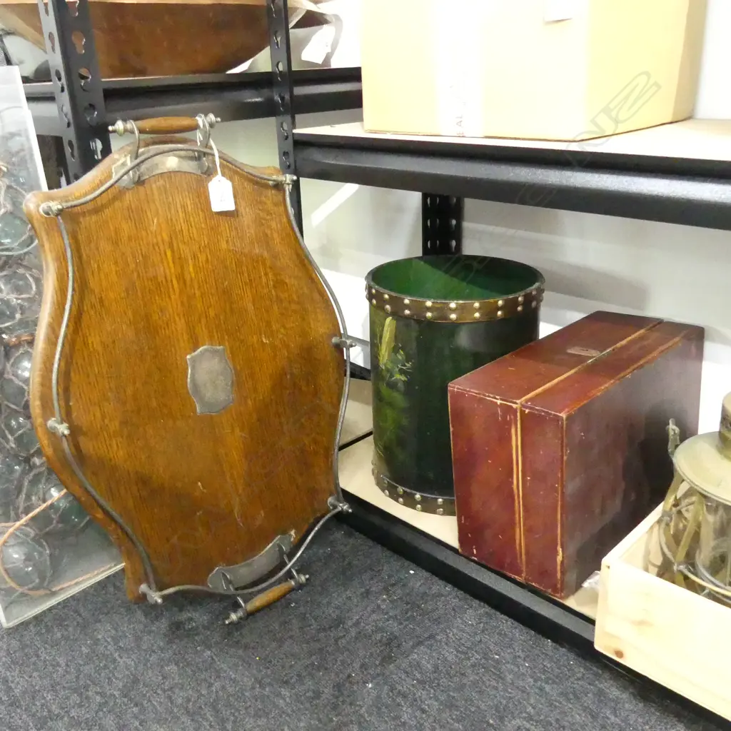 3 ITEMS; VINTAGE OAK & SILVER PLATE TRAY 570x380mm, HAND PAINTED BIN, WOODEN BOX W.310mm Image 1++
