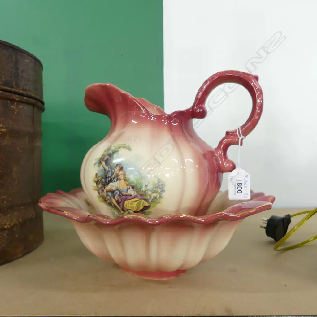 KH POTTERY (ENGLAND) PINK RIMMED BATHROOM JUG & WATER BASIN ((325 X 270MM Image 1++